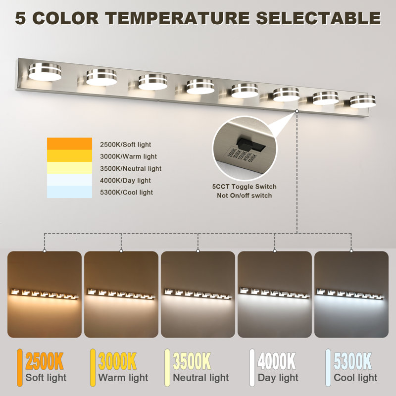 8 Light Modern  Brushed Nickel Dimmable 5CCT LED Bathroom Vanity Light over Mirror, 8, Nickel