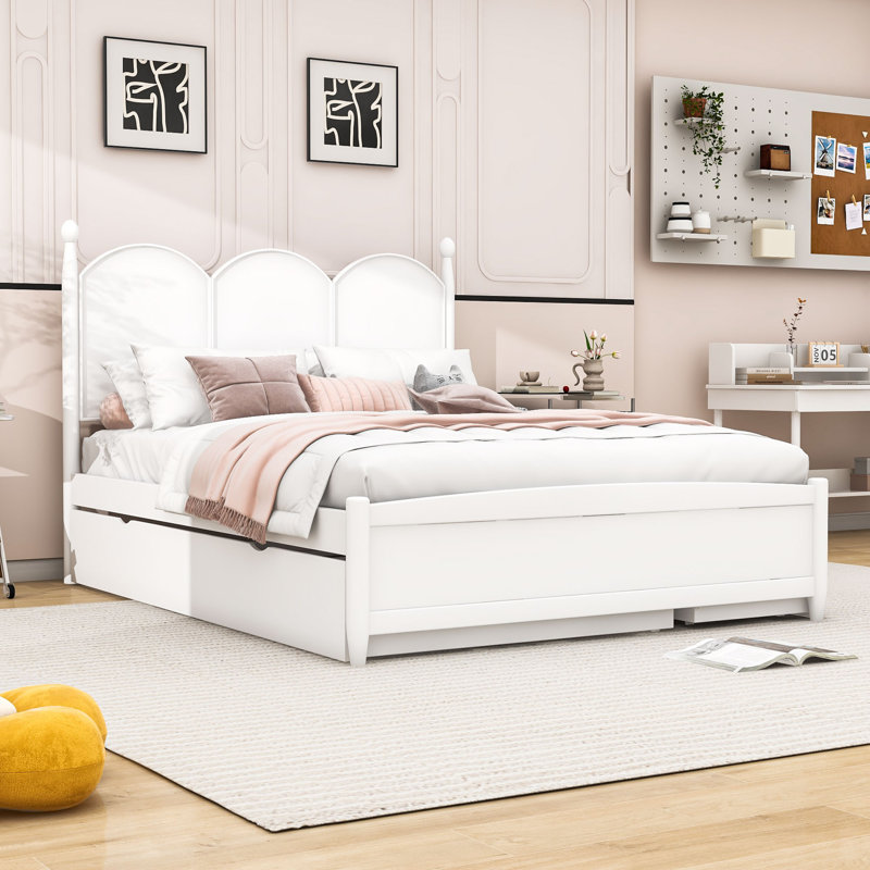 Grand lit Giavana avec tête de lit, rangement intégré et lit gigogne simple TG, Blanc