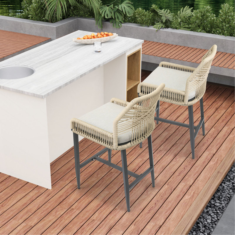 Tabouret de bar d'extérieur avec accoudoirs, coussin moelleux, structure en aluminium, corde tressée en polyester enduit de PVC, confortable et durable, convient à la maison, au bar et au restaurant (ensemble de 2)