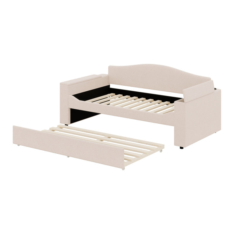 Lit de jour rembourré avec accoudoirs de rangement, lit gigogne et dernier système audio Bluetooth intégré, Beige, Lit simple
