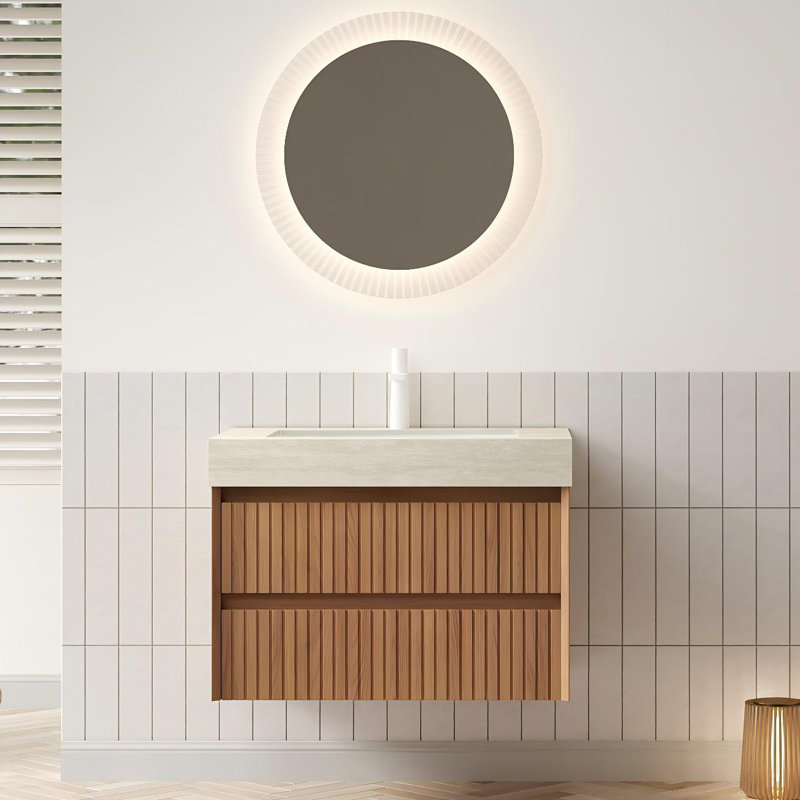 30" Wall Mounted Vanity With Travertine Sintered Stone Top &  Undermount Basin & Striped Wood Drawers, Pre-Assembled, 30"