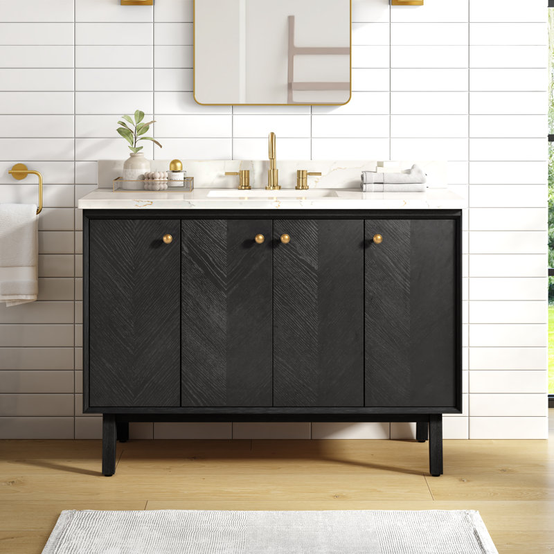 Adele 48" Free Standing Single Bathroom Vanity with Quartz Top, Black, Gold
