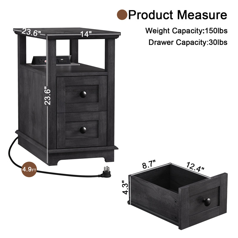 Ayame 2 - Drawer End Table With Storage and Fast Charging Station, Black