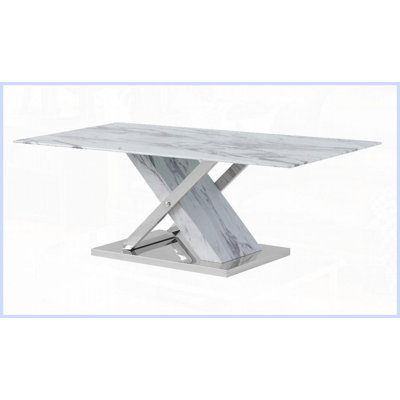 Table basse contemporaine en faux marbre avec détails en acier inoxydable, plateau en verre trempé et amp; Surface facile à nettoyer