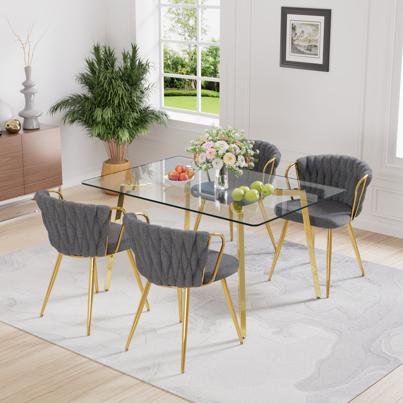 Ensemble de table de salle à manger rectangulaire en verre avec chaise en velours, 5, Gris