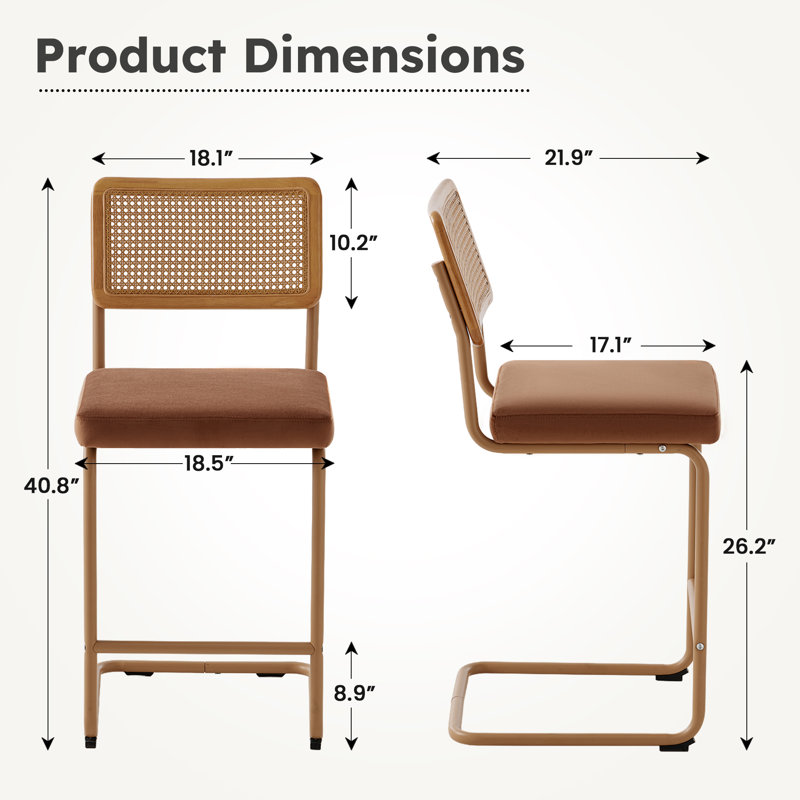 Mid-Century Modern Stool, Set of 2, 26.2" Height Counter Stool, Natural Rattan Back with Thick Padded Seat & Metal Legs - Brown