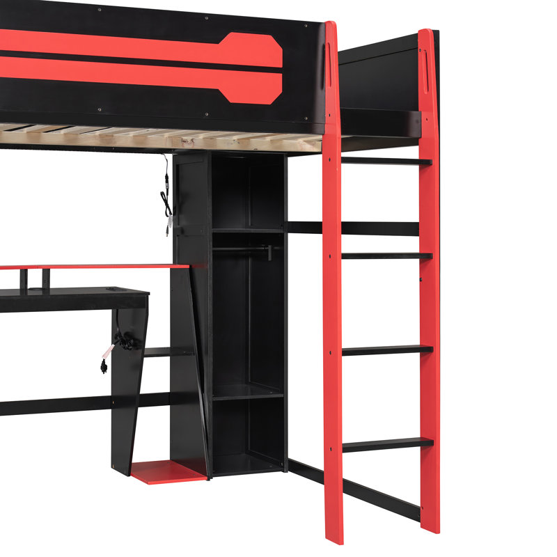 Lit mezzanine double en bois avec bureau, lumière DEL RVB, charge USB, armoire et armoires de rangement, rouge