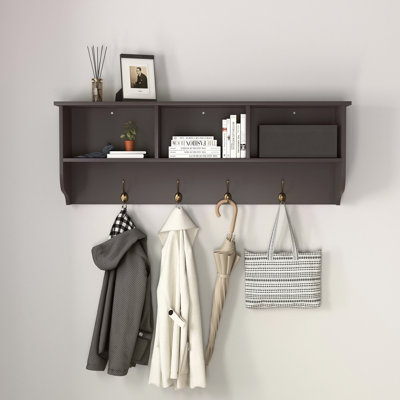 Entryway Wall Mounted Coat Rack With 4 Dual Hooks Living Room Wooden Storage Shelf