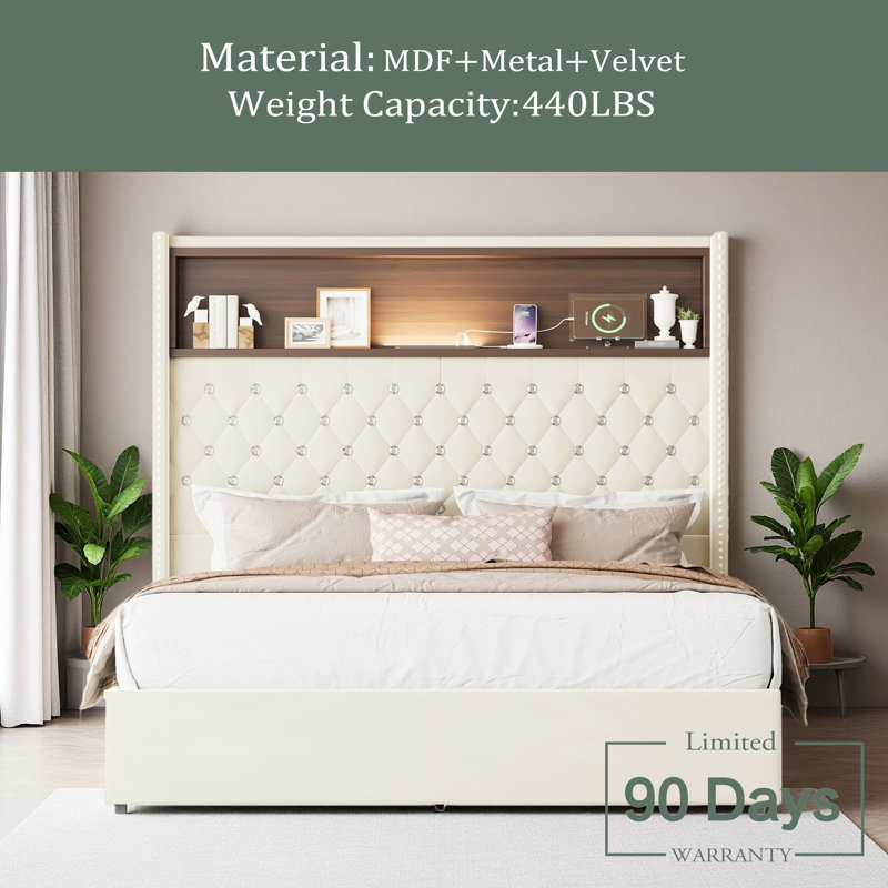 Structure de lit moelleuse en velours avec port USB et veilleuse, tête de lit haute 52 po avec rivets, lit plateforme à oreilles avec tablette de tête de lit