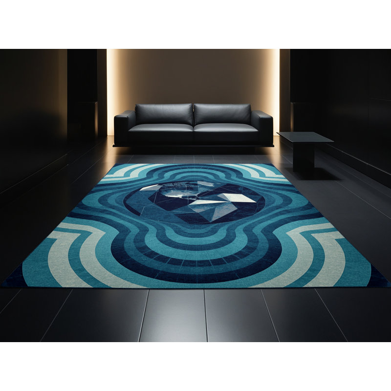 Soft Plush Vance Global Inspired Geometric Area Rug in Blue – Navy Binding, 2x3