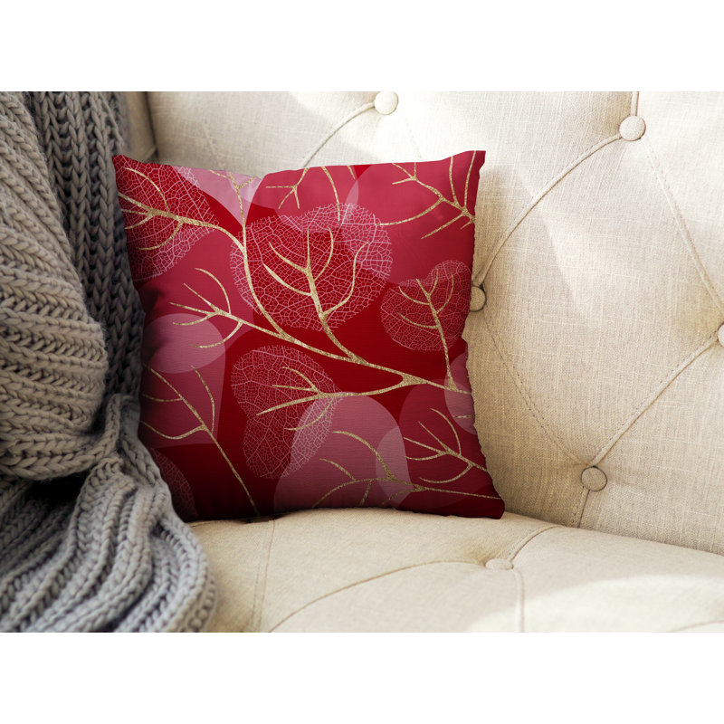 Coussin décoratif intérieur / extérieur Baka Leafs, Rouge/doré, H 15 po x l 15 po