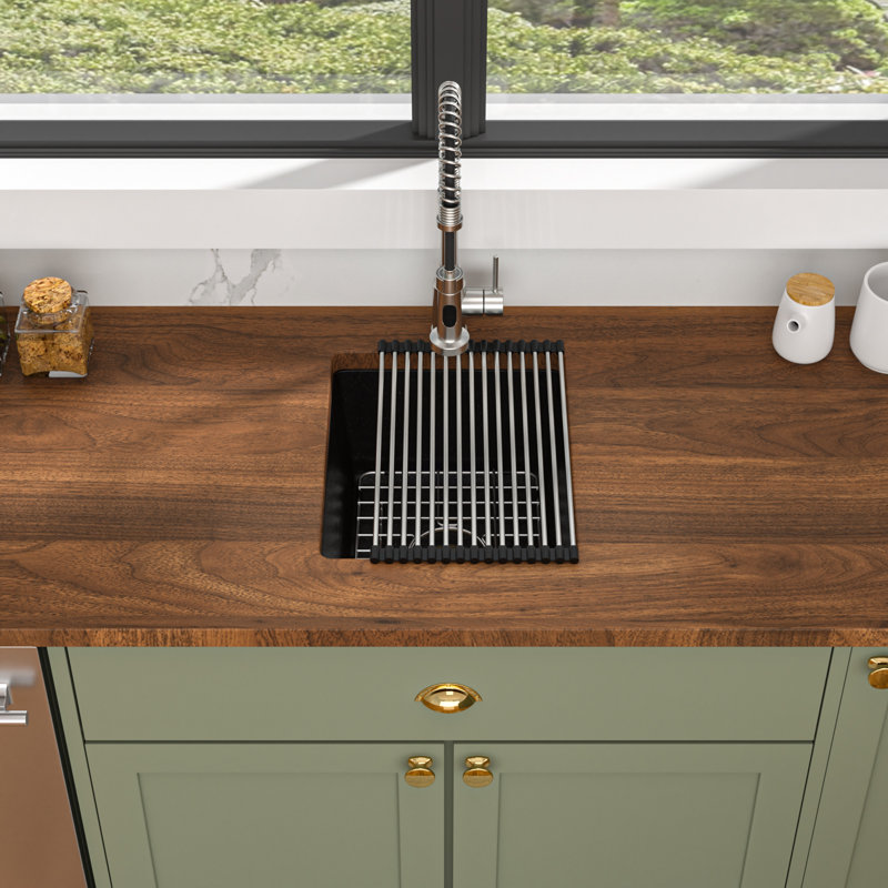 Évier de cuisine encastré en granite à simple cuve en granite avec support à roulettes L 15 po x l 17 po, Noir/chrome