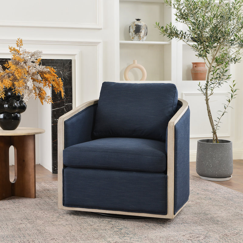 Holl 30" Wide Performance Linen Blend Fabric Upholstered Swivel Barrel Chair, No Assembly Required, Indigo Linen