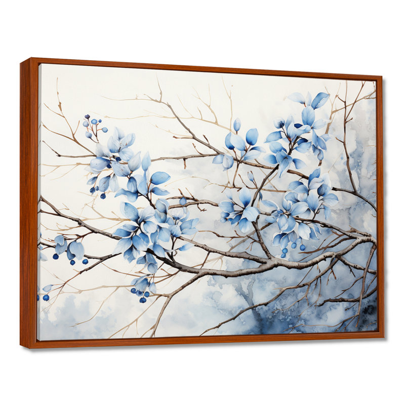Art sur toile, feuilles bleues et grises, H 12 po x l 20 po x P 1 po, Cadre flottant brun