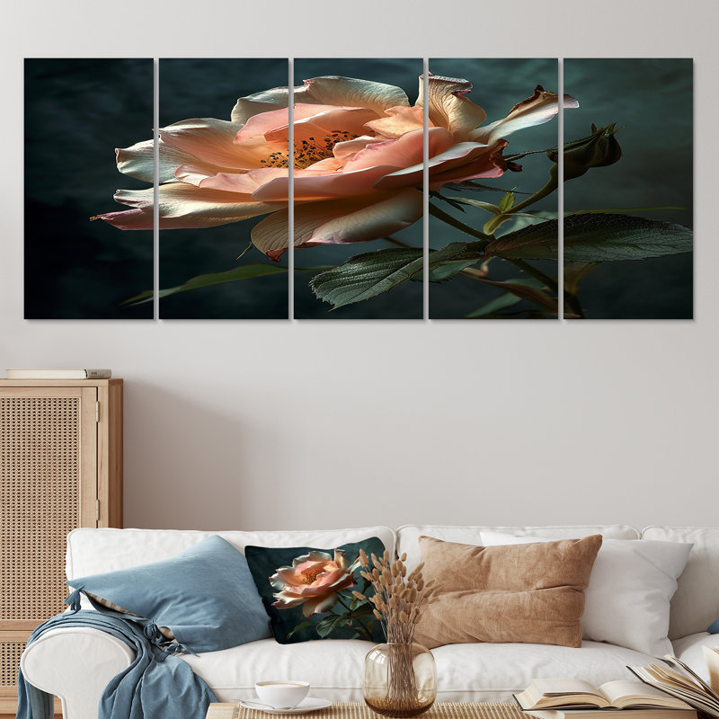 Rose rose en gros plan - art mural sur toile rose 5 pièces, H 32 po x l 80 po