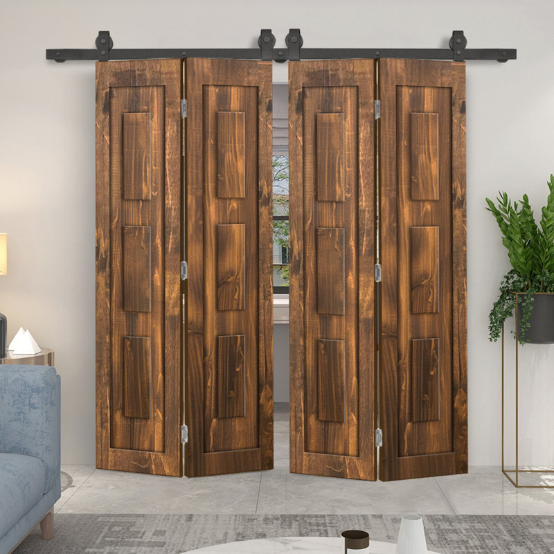 Ensemble de quincaillerie pour porte de grange coulissante en bois de pin 3 panneaux, Noyer, 68 po x 84 po