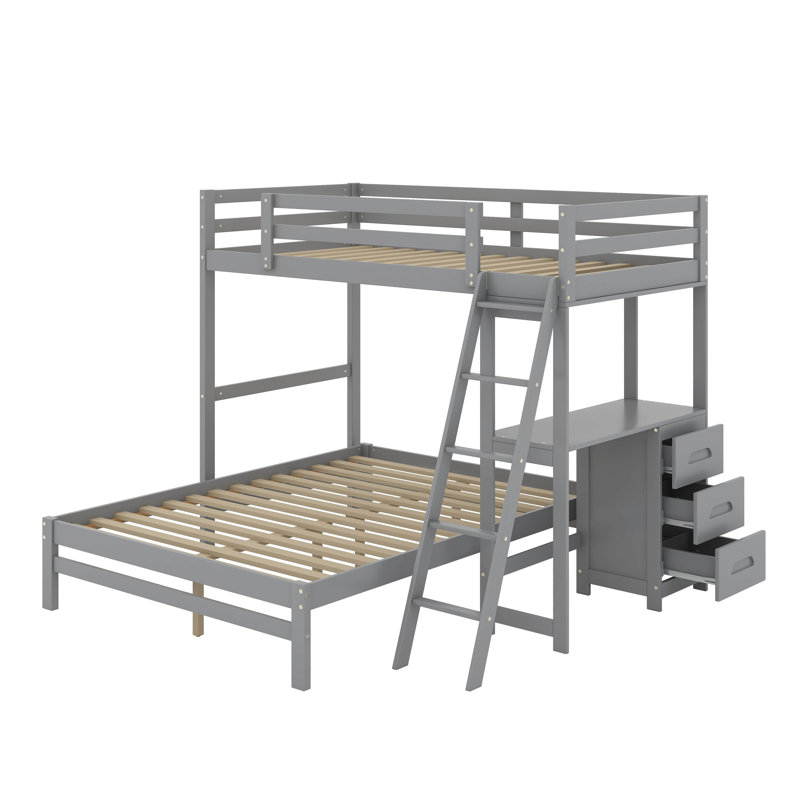 Lit simple superposé au dessus d'un lit double avec bureau et tiroirs, Gris