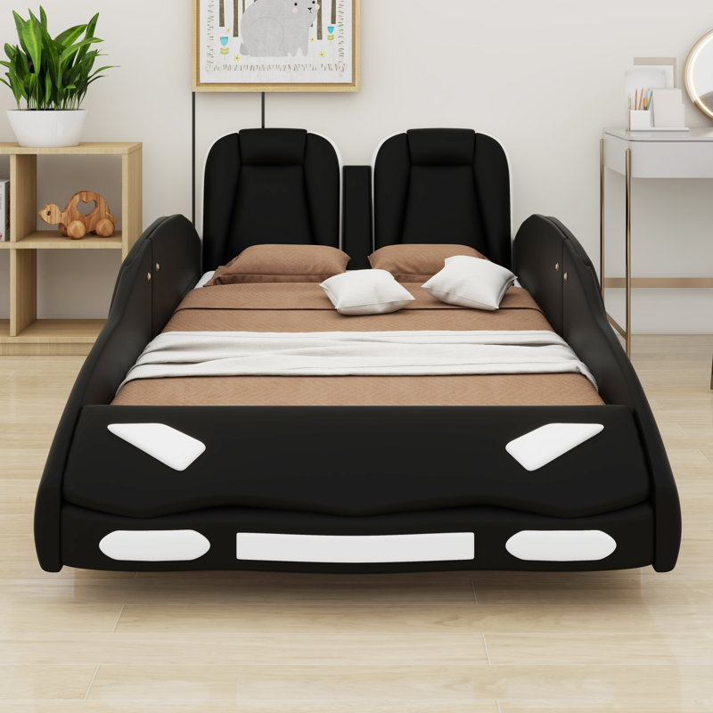Race Car-Shaped Platform Bed With Wheels, Black