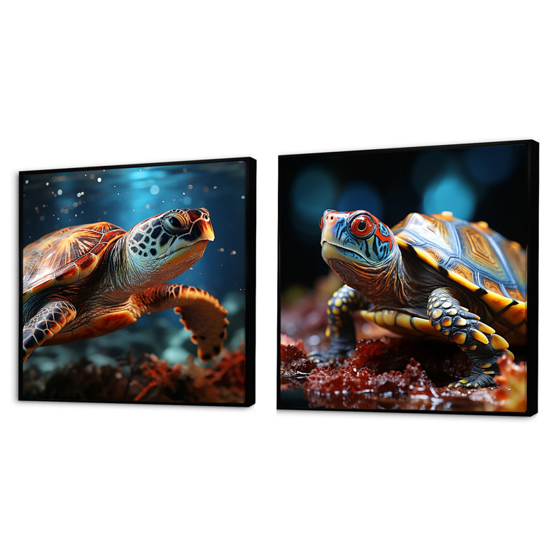 Abstract Harmony - Ensemble de 2 collages carrés tortue, Cadre flottant noir, H 16 po x l 33 po