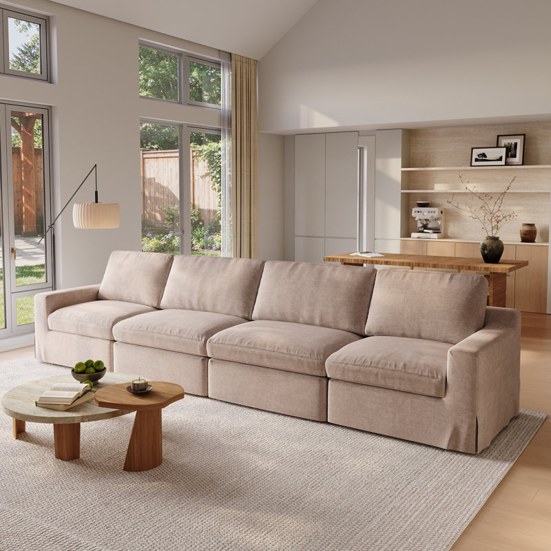 4 Piece Upholstered Slipcovered Linen Sectional Sofa, Khaki Linen