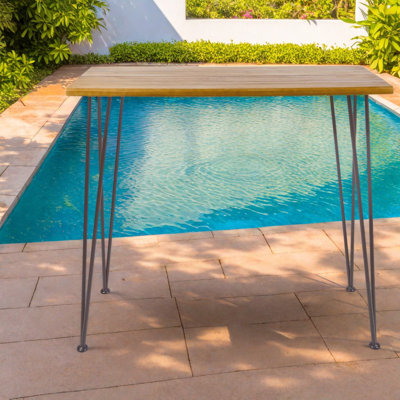 Tables de patio industrielles en bois d'acacia teck, barre en épingle à cheveux en métal pour recevoir