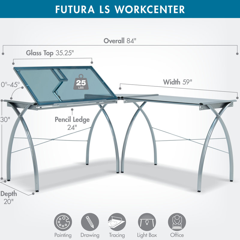 Courson L-Shaped Glass Top Drafting Table, Silver and Blue Glass