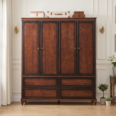 Elegant Solid Wood 4-Door Armoire Wardrobe Closet with 4 Drawers, Vintage Storage Cabinet with Hanging Rods & Shelves for Bedroom, Mahogany Finish