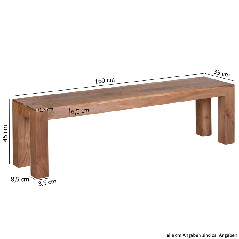 Warrenville Solid Wood Bench, Acacia, 45cm H x 160cm W x 35cm D