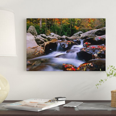 «Little Pigeon River», cascade entre des roches et feuilles d'érable colorées, parc national des Great Smoky Mountains, Tennessee I par Tim Fitzharris - reproduction sur toile tendue sur châssis
