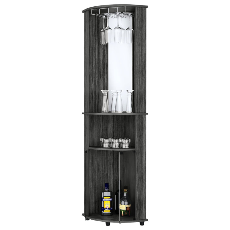 Ensemble de bar à 3 tablettes en chêne, avec des portes en verre simples et une disposition fonctionnelle élégante