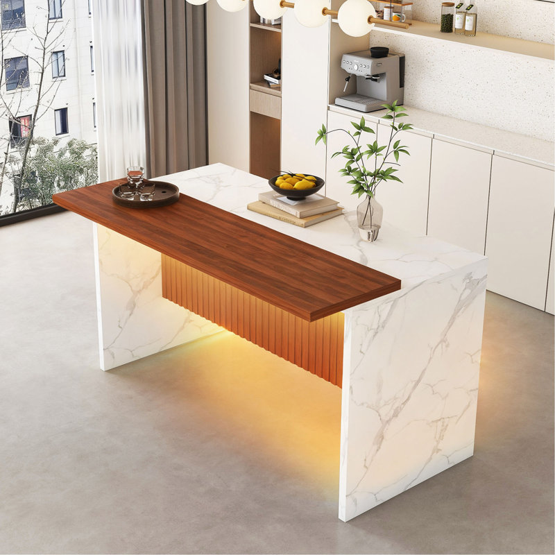 63" Modern Kitchen Island With Marble-Look Surface, LED Lights & Grille Design For Dining Room, Living Room(Island Only)