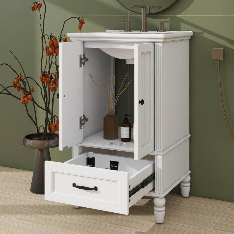 Meuble-lavabo de 20 pouces avec lavabo - Portes silencieuses à fermeture en douceur, tiroir simple, loquet de porte magnétique et patins réglables