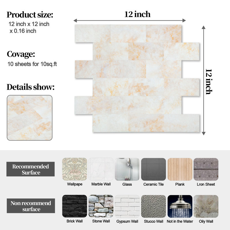 Carrelage mural auto-adhésif 12 po x 12 po Standard Products, Light Beige