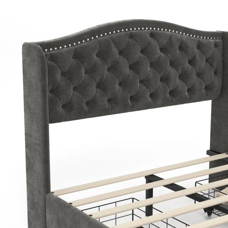 Kassaia Velvet Platform Bed with Tufted Headboard & Drawers