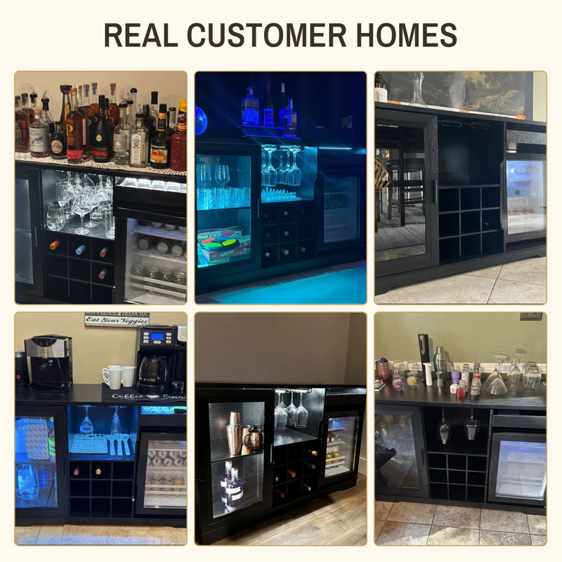 BROTTAR Large Coffee Bar Cabinet with Fridge (Fridge Included) Liquor Wine Bar Cabinet with LED Lights, Glass Holder, Wine Rack, Human Body Sensor, Buffet Sideboard for Home, Black