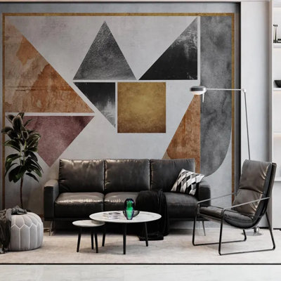 Papier peint moderne à motifs géométriques abstraits à motif géométrique brun doré - Décoration murale Mid-Century contemporaine pour le salon, la chambre et le bureau