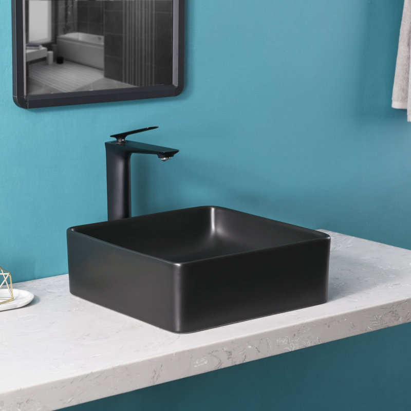  Lavabo de salle de bain vasque carré 14,3 "x 14,3" noir avec bonde escamotable