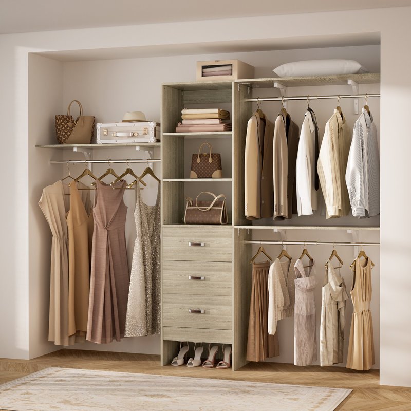 20'' - 96'' W Closet System with Wooden Drawers and Hanging Rods(Cut to Fit), White/Oak
