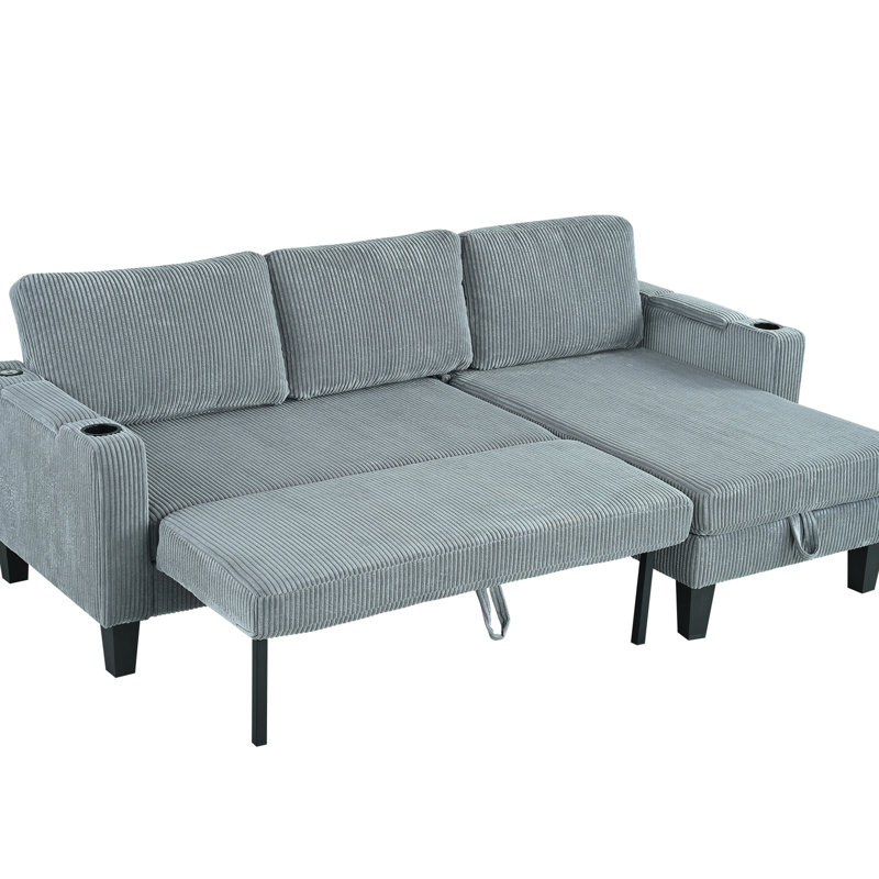 Modern Reversible Sectional With Storage Chaise, Cup Holders, And Charging In Gray Corduroy For Bedroom, Apartment, Office - 84.63 Depth, 52.11 Width, 34.16 Height, 113.91 Lb Weight 3 Arm Bedroom