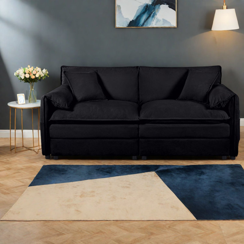 Canapés modernes spacieux et modulaires en chenille noire avec repose-pieds pour le salon