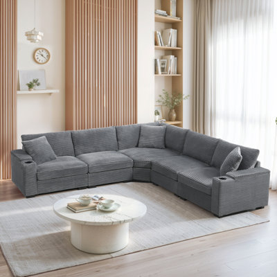 104.00×104.00×33.00 Inch Irregular Corner Convertible L-Shaped Sectional Sofa, Armrest Storage & Cup Holder, Usb Charging Corduroy Modular Couch For Living Room Apartment Gray