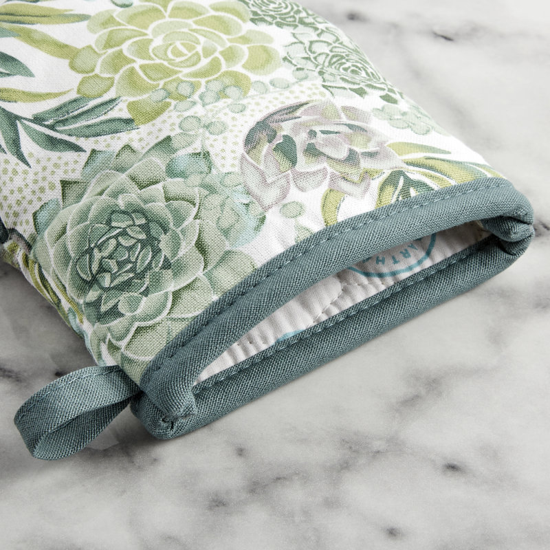Green Succulent Print Cotton Silicone Oven Mitts, 2-Piece Set