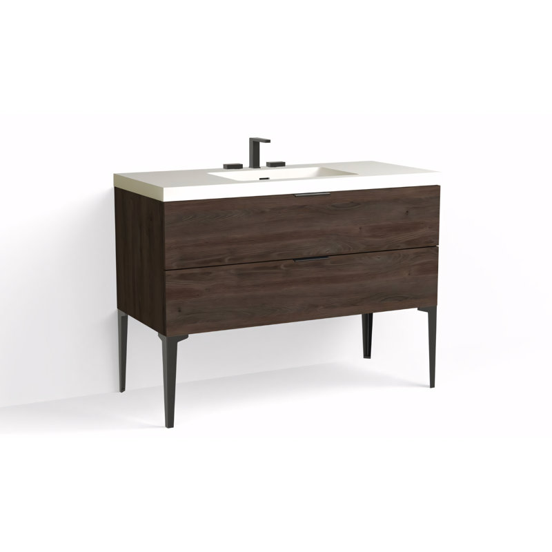 Avila 48" W Freestanding Single Bathroom Vanity with Dean Leg, Matte White/8" Widespread, Charred, Matte Black