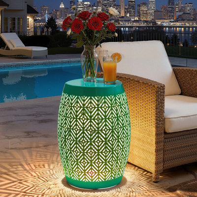18" H LED Metal Side Table, Geometric Cut-Out Drum Design, Weather-Resistant for Outdoor Indoor, Glossy Black Geometric