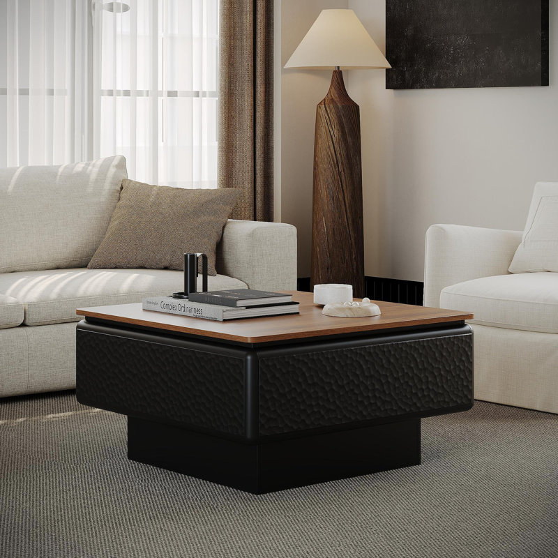 Table basse à plateau relevable de 31 pouces pour le salon, table basse moderne avec rangement caché, table centrale carrée, plateau noir et brun