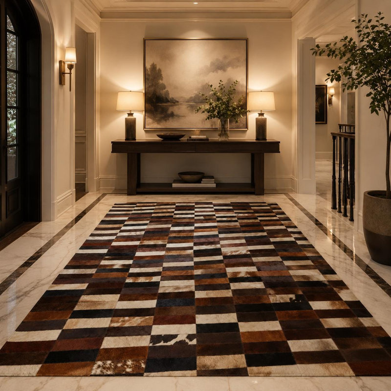 Tapis en cuir de vache patchwork fabriqué à la main, tapis en cuir géométrique, décoration de salon de luxe, 3 x 5 pi