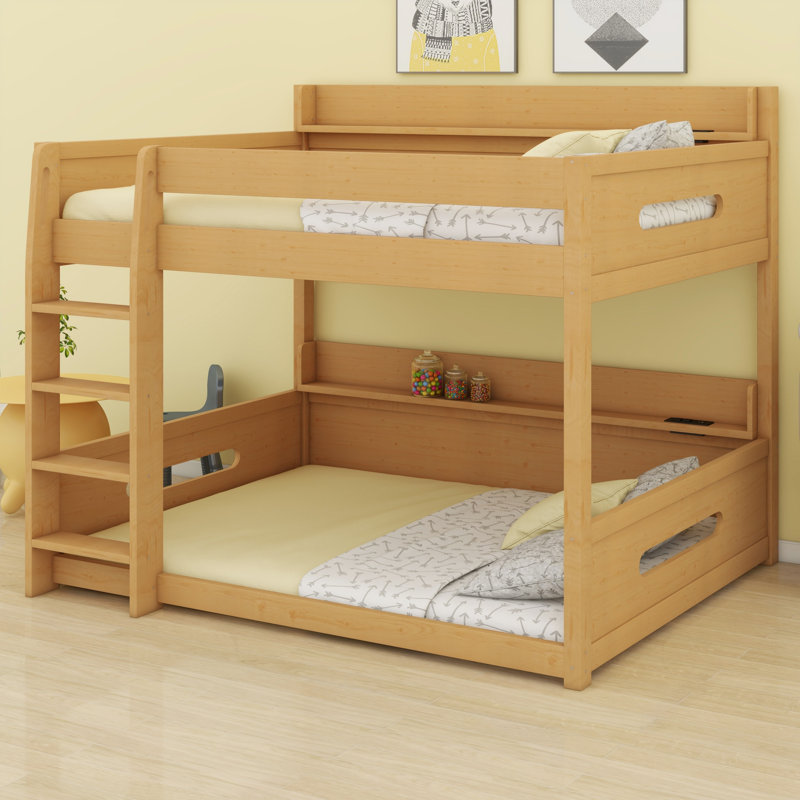 Cadre de lit superposé compact avec tablettes de rangement et ports USB, Couleur du bois