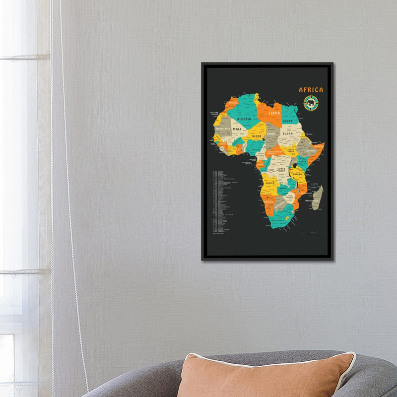 Carte de l'Afrique, impression sur toile tendue, H 26 po x l 18 po x P 1,5 po, Toile encadrée noire, Pas de tapis