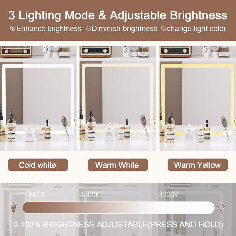 Small Space Vanity Table Set with 3 Adjustable Lighted Mirror & Storage Chair