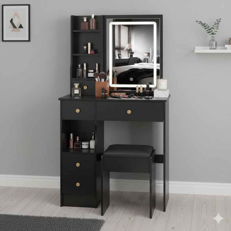 Petite unité de 29,2 pouces combinant une table de bureau / coiffeuse à tiroir gauche et un tabouret rembourré. Comprend un grand miroir à DEL coulissant à commande tactile avec interrupteur tricolore et luminosité réglable, ainsi qu'un rangement de grande capacité. Convient aux petits espaces.